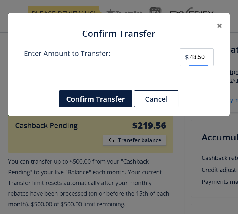 Cuplikan Transfer Cashback Tertunda
